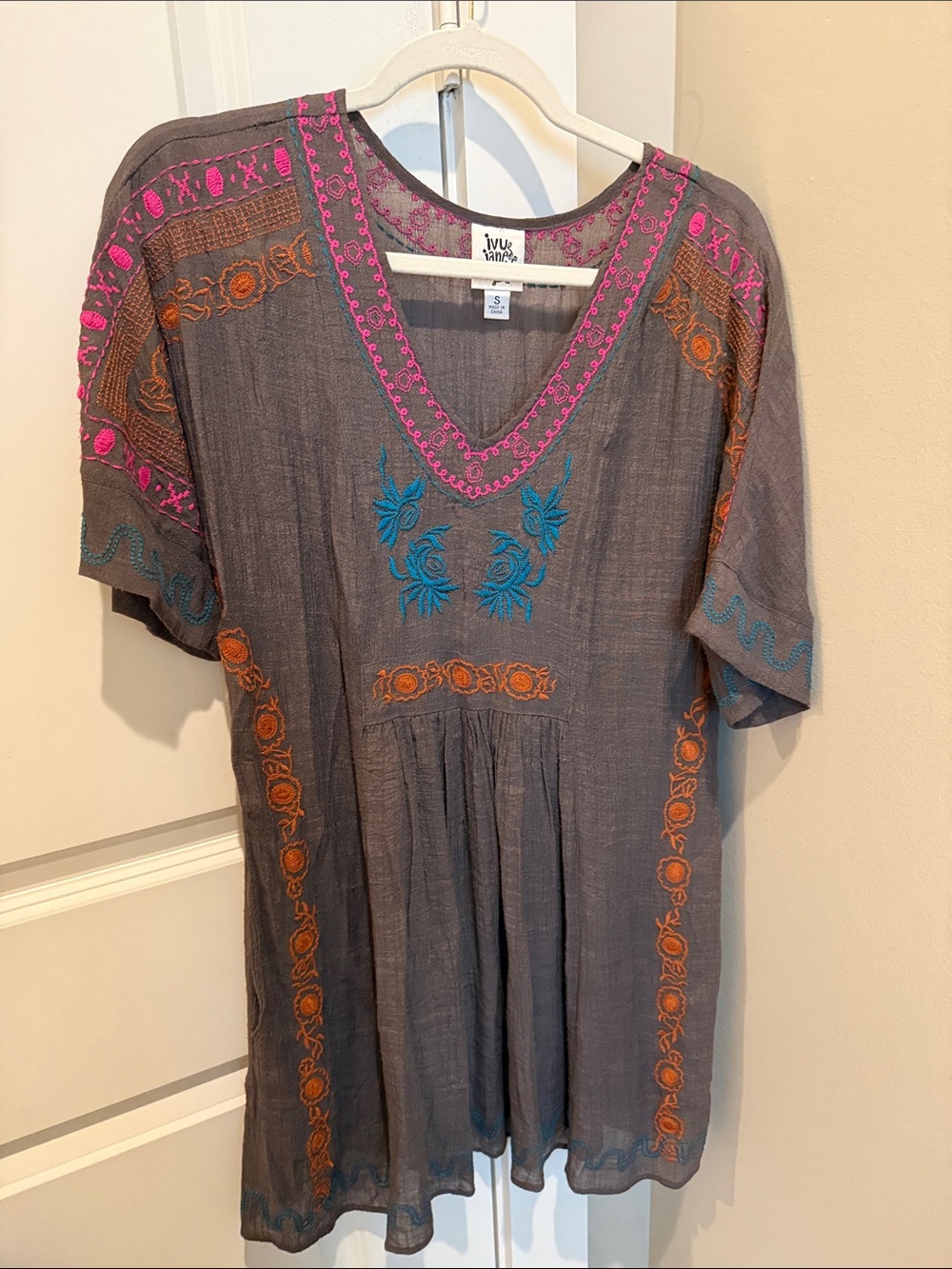 ivy jane Gray Tunic Dress with Pink, Orange & Teal Embroidery